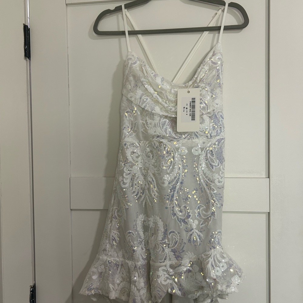 NWT Saints and Secrets White Sequin Dress with Ruffle Hem